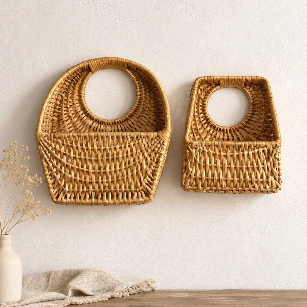 VTG Wicker Rattan Wall Pocket Basket Set Cottagecore Boho Decor
